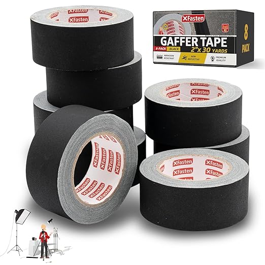 XFasten Black Gaffers Tape 2 Inch x 30 Yards Bulk - 8-Pack (720ft), Residue-Free Matte Black Gaffer Tape 2 Inch Non-Reflective Easy-to-Tear Floor Tape for Electrical Cords