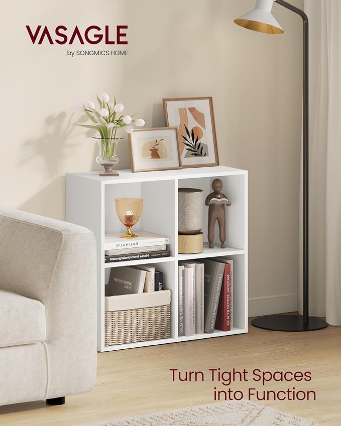 VASAGLE Custos Collection - Bookshelf, Bookcase, Cube Shelf with 4 Compartments, 9.4 x 26 x 26 Inches, Storage Shelf, for Living Room, Home Office, Dining Room, Cloud White ULBC476W01