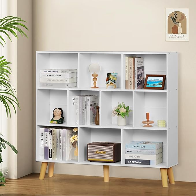 YAHARBO 10 Cube White Bookshelf,3 Tier Book Shelf with Legs,Modern Minimalist Bookcase,Open Book Shelves Storage Organizer,Frees Standing Wooden Display Bookcases for Small Space,Bedroom,Living Room