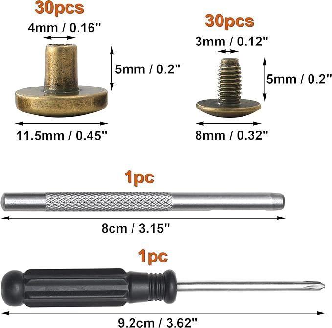YORANYO 30Sets Chicago Screws Leather Rivets Screw Rivets Metal Studs for Clothing Chicago Binding Screws Spike and Studs for Decorate Repair Shoes Belts Bags Purse Dog Collars Leather Craft (Bronze)