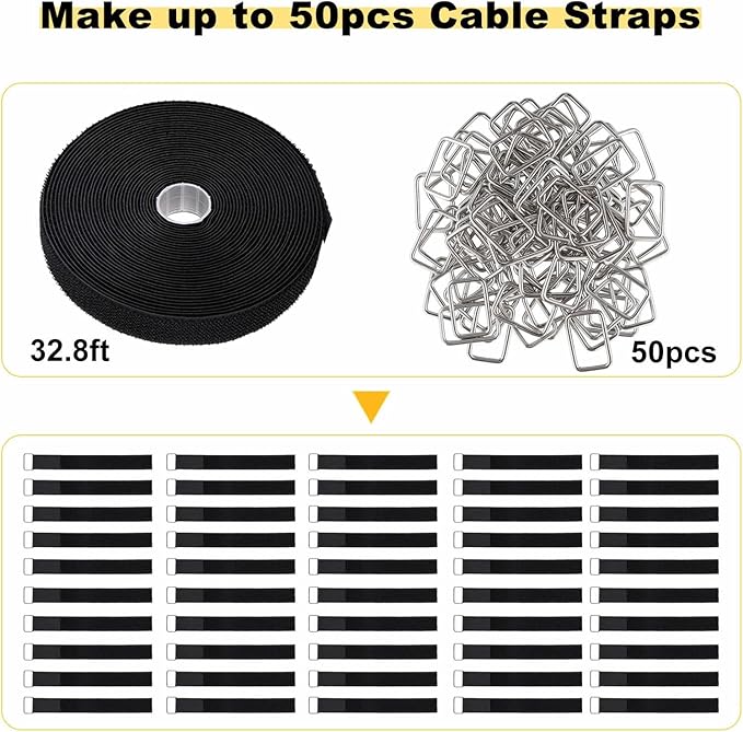 1"x32ft Hook and Loop Straps with 50 Metal Buckles, Adjustable Fastening Cable Straps, Cut-to-Length Cinch Strap, Reusable Nylon Securing Cord Ties for Organizer or Storage, 1 inch Wide, Black