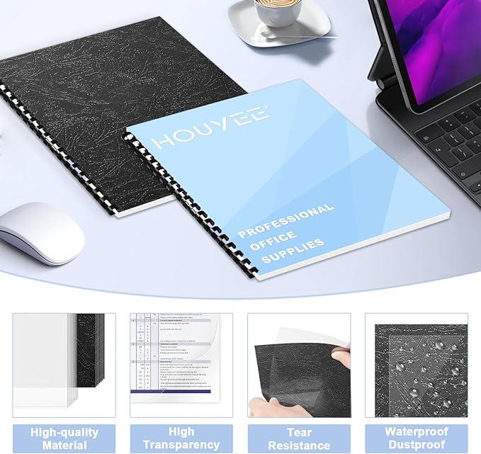 100 Pack Binding Covers and Backs Set, 8.5x11 Inches, Including 50 Pcs 5 Mil Clear PVC Binding Covers, 50 Pcs 12 Mil Black Paper Leather Textured Binding Covers, Letter Size