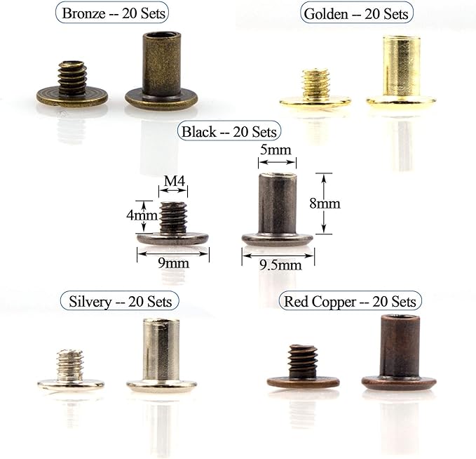 100 Sets Chicago Screws Assorted Kit 5 Color Leather Rivets 5/16”(5x8mm) Screw Rivets Flat Fillister Book Binding Posts Nail Rivet Chicago Bolts for DIY Leather Craft Black Silver Golden Bronze