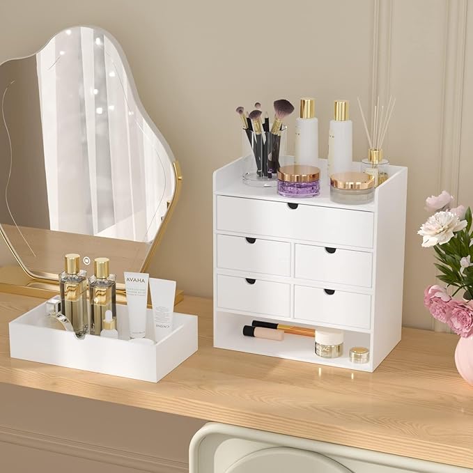 Wisuce Bamboo Desk Organizer - Mini Bamboo Desk Drawer Tabletop Cosmetic Storage Organization for Office or Home White with Shelf