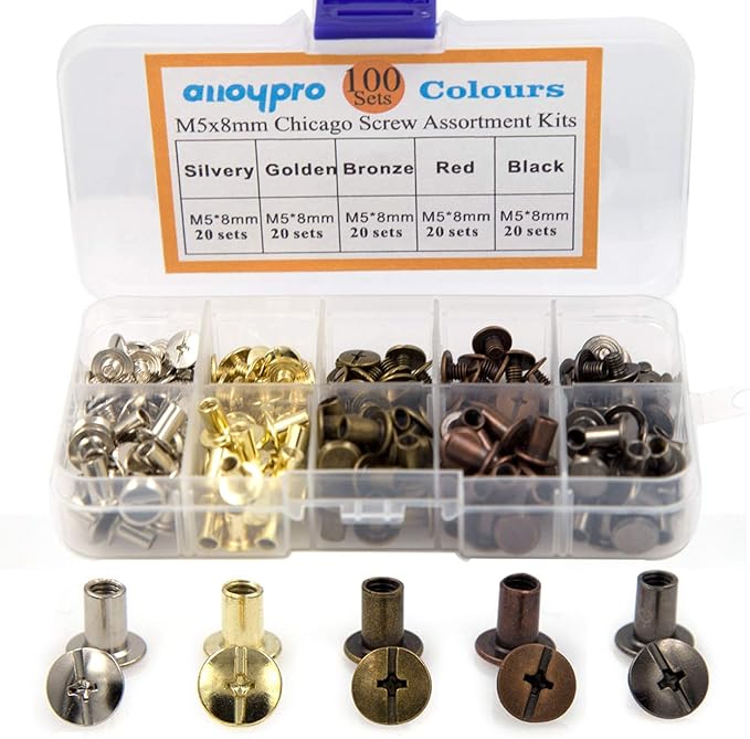 100 Sets Chicago Screws Assorted Kit 5 Color Leather Rivets 5/16”(5x8mm) Screw Rivets Flat Fillister Book Binding Posts Nail Rivet Chicago Bolts for DIY Leather Craft Black Silver Golden Bronze