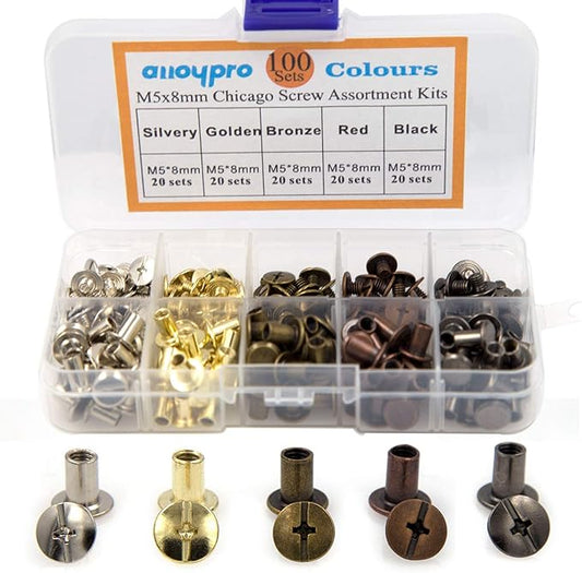 100 Sets Chicago Screws Assorted Kit 5 Color Leather Rivets 5/16”(5x8mm) Screw Rivets Flat Fillister Book Binding Posts Nail Rivet Chicago Bolts for DIY Leather Craft Black Silver Golden Bronze