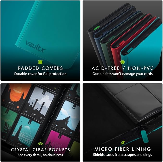 Vault X 12 Pocket Trading Card Zip Binder - 480 cards, Premium Exo-Tec Album Material, 20 Side-Loading Pages, Folder for Collectible Card Games, Sports, TCG (Teal)