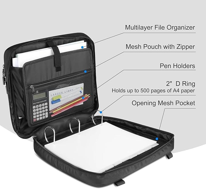 Zipper Binder Bag, 2-inch 3-Rings with Multiple Pockets File Folder - 500 Sheet Capacity, Up to 14‘’ Laptop and Tablet, Detachable Backpack Straps & Shoulder Use for School