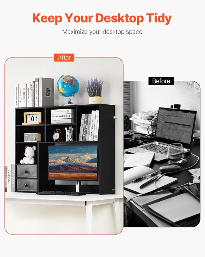 VEVOR 3-Tier Desktop Storage Organizer, 37" x 10" x 31.1" Office Storage Rack Wood Display Shelf, Desktop Bookshelf Hutch with 2 Fabric Drawers, for Office, Home & Dorm, Black