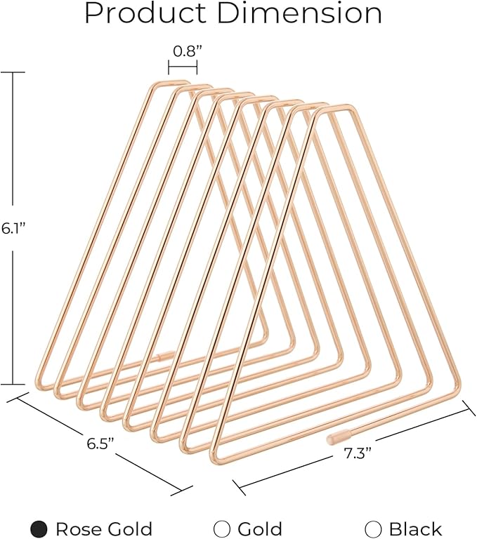 Y YOMA 1 Pack Rose Gold File Folder Racks Triangle Magazine Holder Metal File Organizer for Desk Decorative File Sorter Display Rack for Office Home, 7 Compartments
