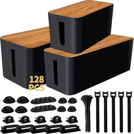 YUANYE Cable Management Box Cable Management Kit for Power Strip to Hide Wires,Cord Organizer Boxes,Safe ABS Material Wire Organizer of Cable Clips Sleeve for Home & Office,3Pack-128PCS /Black