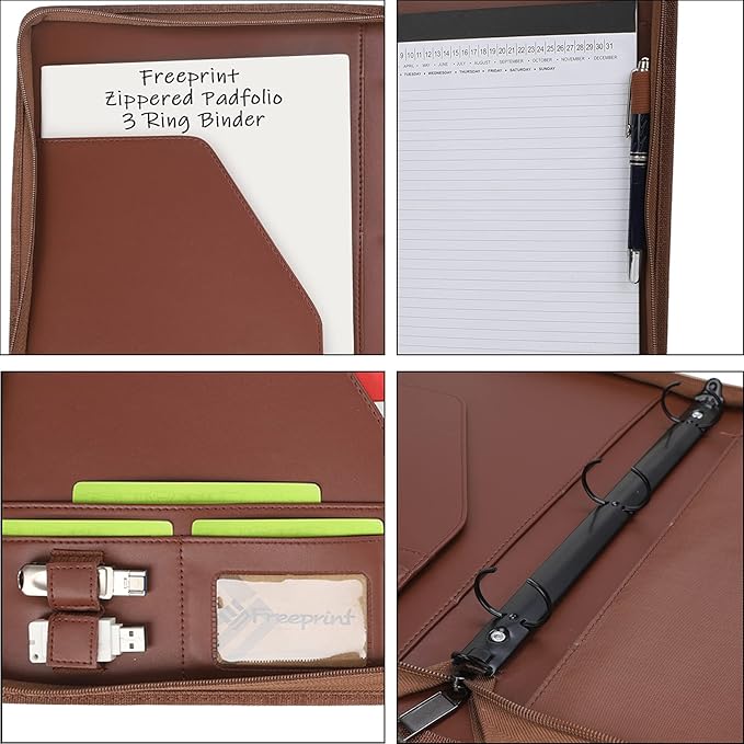 Zippered Portfolio 3 Ring Binder Organizer with Writing Pad Legal Size Letter - PU Leather Padfolio Document Organizer for Interview Business，Brown