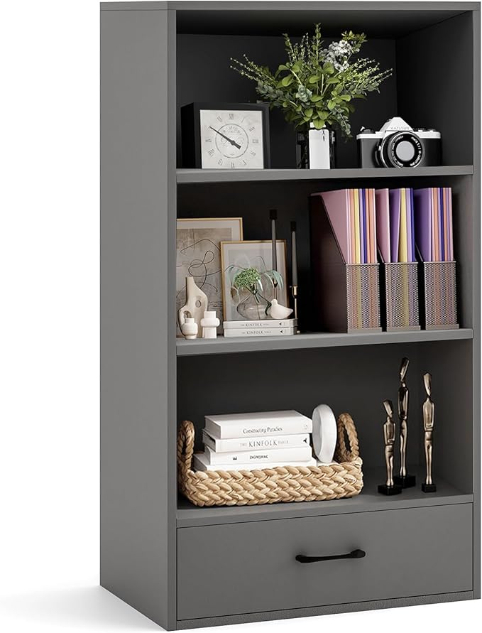 4-Tier Bookcase with Drawer, Wooden Cube Storage Organizer, Modern Display Shelf, Small Bookshelf for Small Spaces, 42.5" Tall Book Shelf for Classroom, Kid's Room, Bedroom (Grey)