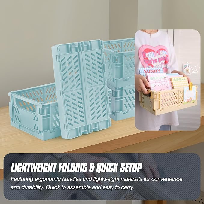4 Pcs Collapsible Storage Crates, 10x5.9x4 inches Space-Saving Folding Containers, Stackable Plastic Boxes for Home Kitchen Office Bedroom Bathroom, Light Blue