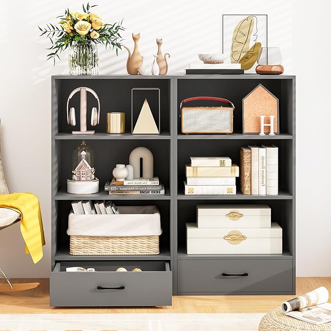 4-Tier Bookcase with Drawer, Wooden Cube Storage Organizer, Modern Display Shelf, Small Bookshelf for Small Spaces, 42.5" Tall Book Shelf for Classroom, Kid's Room, Bedroom (Grey)