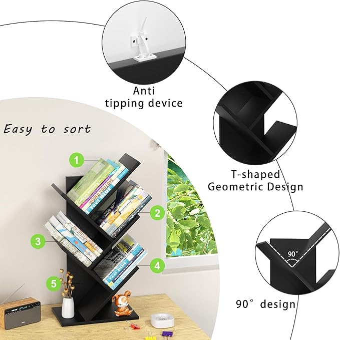 5 Tier Tree Book Shelf, Small Desktop Bookshelf with Storage Organizer, Wood Bookcase, Desk Display Bookshelves, Floor Standing Organizer Bookcases for Living Room,Bedroom,Office-Black