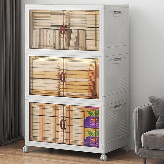 360Qt Stackable Storage Bins with Lids, 3 Pack Large Collapsible Bins with Wheels, Plastic Cabinet with Doors, Foldable Closet Organizers and Storage for Home, Dorm, Office, White