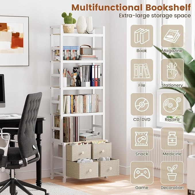 5 Tier Bookshelf, Modern Bookcase with Bookends and 4 Drawers Storage Organizer, Metal Industrial Display Shelf, Free Standing Storage Shelving Unit for Bedroom, Living Room and Home Office