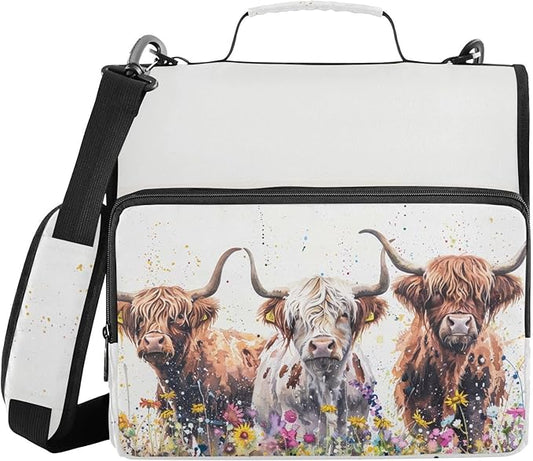Watercolor Highland Cows Flowers Zipper Binder with Shoulder Strap Bag 3 Ring Binder Organizer Large Capacity Multiple Compartments for School Office