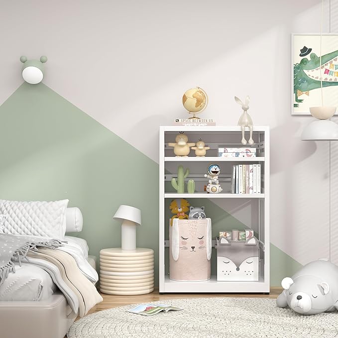 [Industrial Grade] Mobile 3 Tier Bookshelf, Metal 3 Shelf Bookcase on Wheels, Heavy Duty Book Shelf for Small Space, Book Case for Home Office, Living Room, School, Assembly Required, White