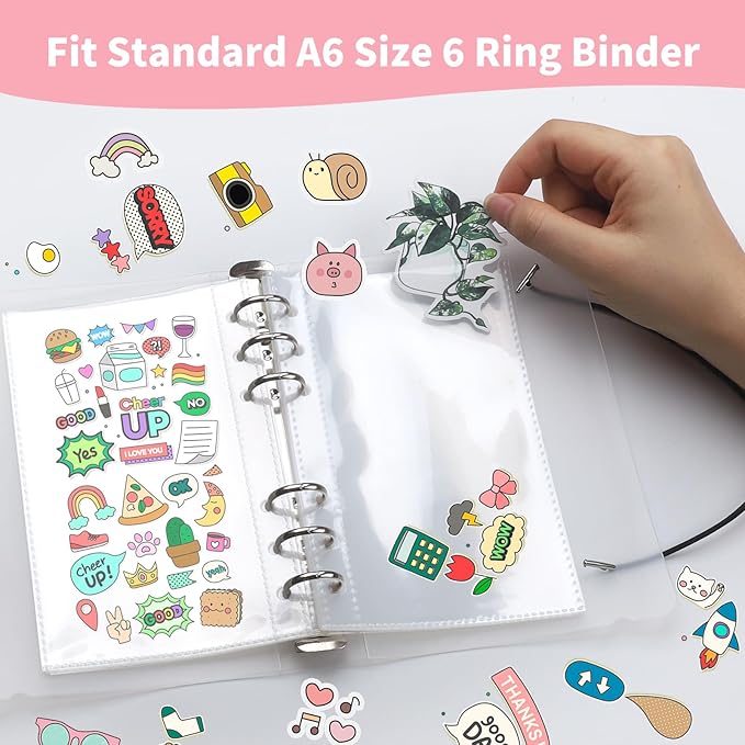 10 Sheets Clear Sticker Book Sleeves Pockets, Sticker Organizer Album Inserts for 6 Ring A6 Binder, for Organize Binder Stickers, Photos, Tickets, Cards, Cash, 1 Pocket