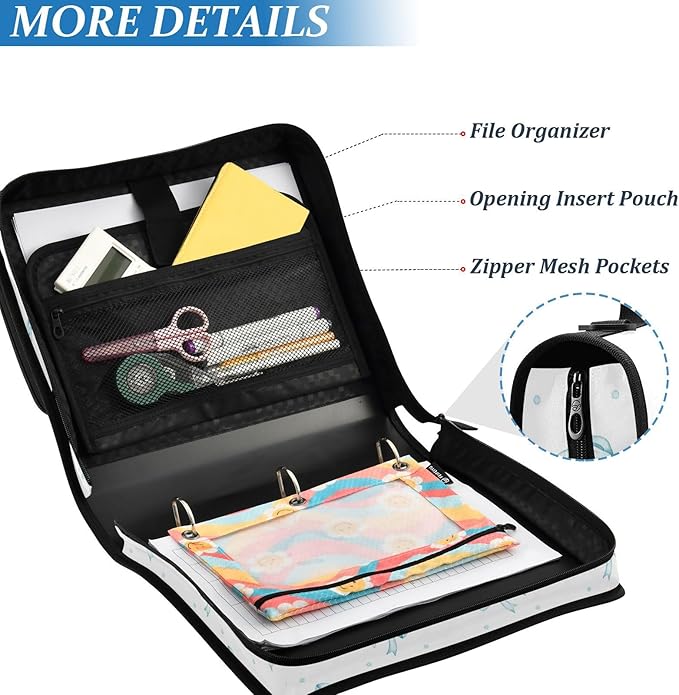 Zipper Binder Bag 3 Ring File Folder Portfolio Organizer Zippered Binder Bags with Strap Fits Laptop Women Men