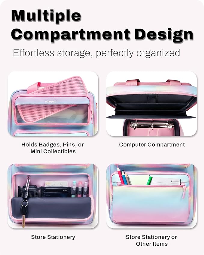 Zipper Binder 3 Ring with Ita Window, 3 Inch Binder with Zipper D-Ring Fits 14 in Laptop, 3-in-1 Shoulder/Backpack/Handle 600 Sheets Capacity for School & Office – Pink Blue