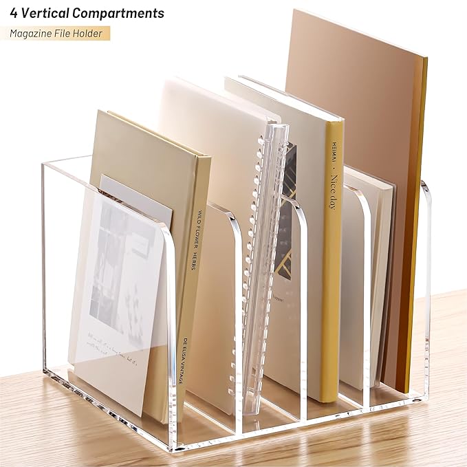 YUXUN Acrylic Magazine Holder,Clear Desk Organizer File Sorter for Notebook,Paper,Envelope,Magazine, Book Storage-Office/Home/Classroom Organization(4 Compartments,B5)