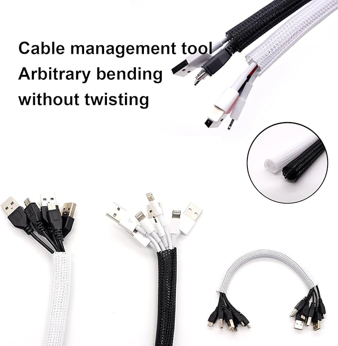 1/4 Inch-25ft Cable Management Sleeve - Flexible Wire Organizer System with Zipper for Home Office TV Computer, Durable Cord Cover Protector, Black