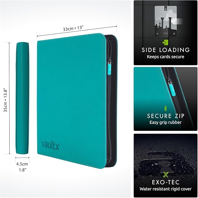 Vault X 12 Pocket Trading Card Zip Binder - 480 cards, Premium Exo-Tec Album Material, 20 Side-Loading Pages, Folder for Collectible Card Games, Sports, TCG (Teal)