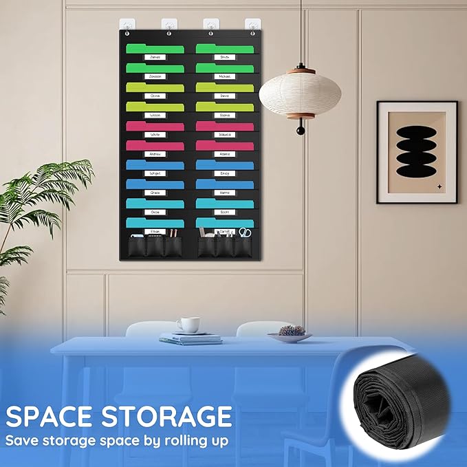 ZKOO 20 Pockets Hanging Wall File Organizer for A4 Size Paper/Legal/ Letter Size Document, Sturdy Wall Mail Organizer Black Pocket Great for Classroom, Office, Home Use with 4 Hangers 6 Pen Pocket