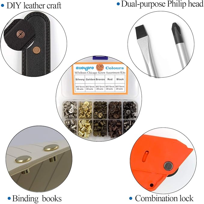 100 Sets Chicago Screws Assorted Kit 5 Color Leather Rivets 5/16”(5x8mm) Screw Rivets Flat Fillister Book Binding Posts Nail Rivet Chicago Bolts for DIY Leather Craft Black Silver Golden Bronze