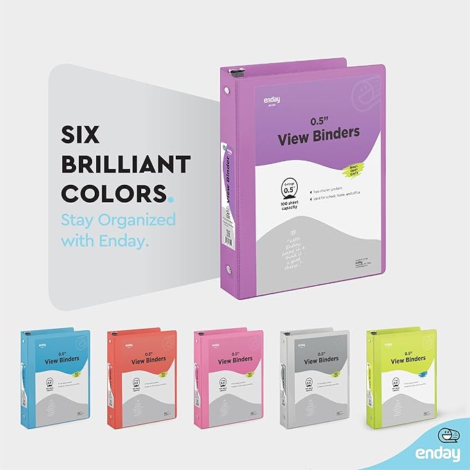 ½ Inch 3 Ring Binder .5 inch Purple Clear View Cover with 2 Inside Pockets, Colored School Supplies Office and Home Binders – by Enday