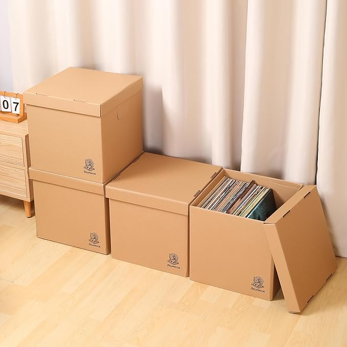 12" Vinyl Record Storage and Moving Box - Sturdy Cardboard with Removable Lid - Holds up to 60 Records or Laser Discs - Set of 2 Boxes (2) (2)