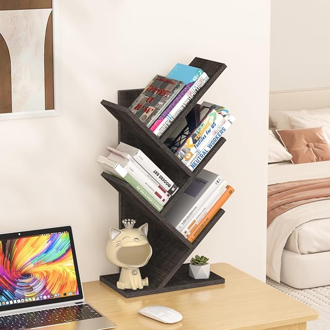 5 Tier Tree Book Shelf, Small Desktop Bookshelf with Storage Organizer, Wood Bookcase, Desk Display Bookshelves, Floor Standing Organizer Bookcases for Living Room,Bedroom,Office-Dark Grey