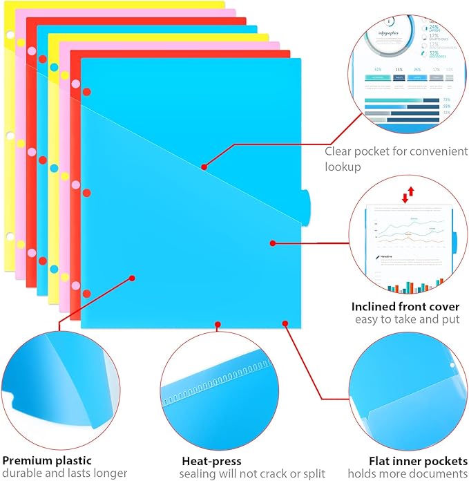 WOT I Plastic 8-tab Dividers with 2 Clear Pockets - 3 Sets, Binder Dividers for 3 Ring Binder, Bright Multicolor, Total 24 Tabs