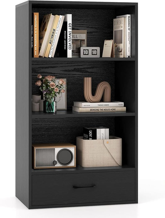 4-Tier Bookcase with Drawer, Wooden Cube Storage Organizer, Modern Display Shelf, Small Bookshelf for Small Spaces, 42.5" Tall Book Shelf for Classroom, Kid's Room, Bedroom (Black)