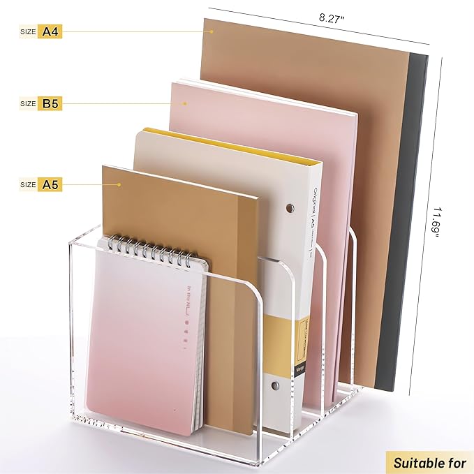 YUXUN Acrylic Magazine Holder,Clear Desk Organizer File Sorter for Notebook,Paper,Envelope,Magazine, Book Storage-Office/Home/Classroom Organization(4 Compartments,B5)