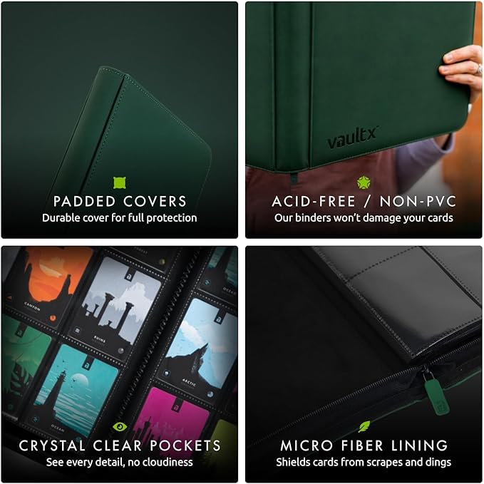 Vault X 9 Pocket Trading Card Zip Binder, 360 Cards, Premium Exo-Tec Album Material, 20 Side-Loading Pages, Folder for Collectible Games, Sports, TCG (Green)