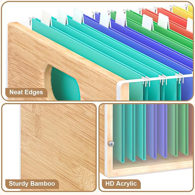 2 Pack Hanging File Organizer, Clear Acrylic File Box Organizer, Bamboo Filing Box File Crate Storage Boxes, Portable Filing Organizer with Handle for Letter Size