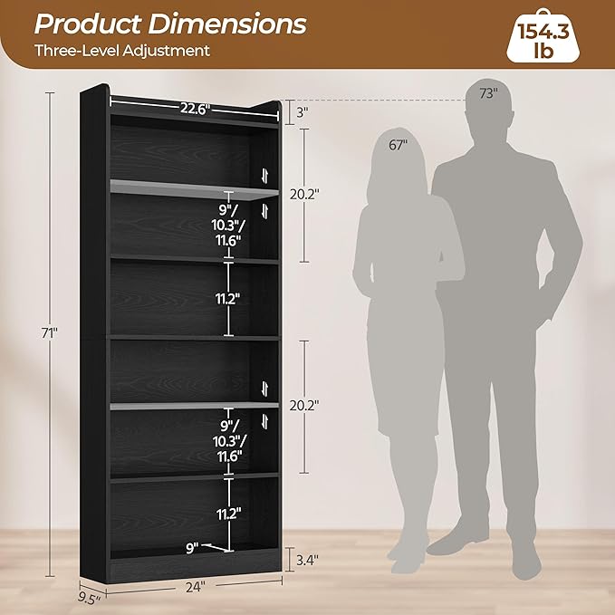 Yaheetech 7-Tier Open Bookcase and Bookshelf, Modern Simple Floor Standing Display Storage Shelves with Top Open Compartment for Home Office, Study, Living Room - Black