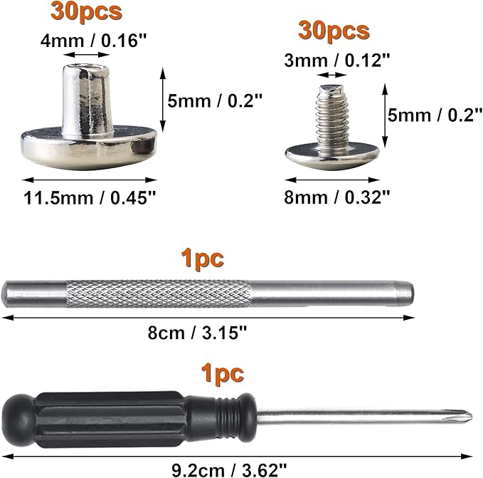 YORANYO 30Sets Chicago Screws Leather Rivets Screw Rivets Metal Studs for Clothing Chicago Binding Screws Spike and Studs for Decorate Repair Shoes Belts Bags Purse Dog Collars Leather Craft (Silver)