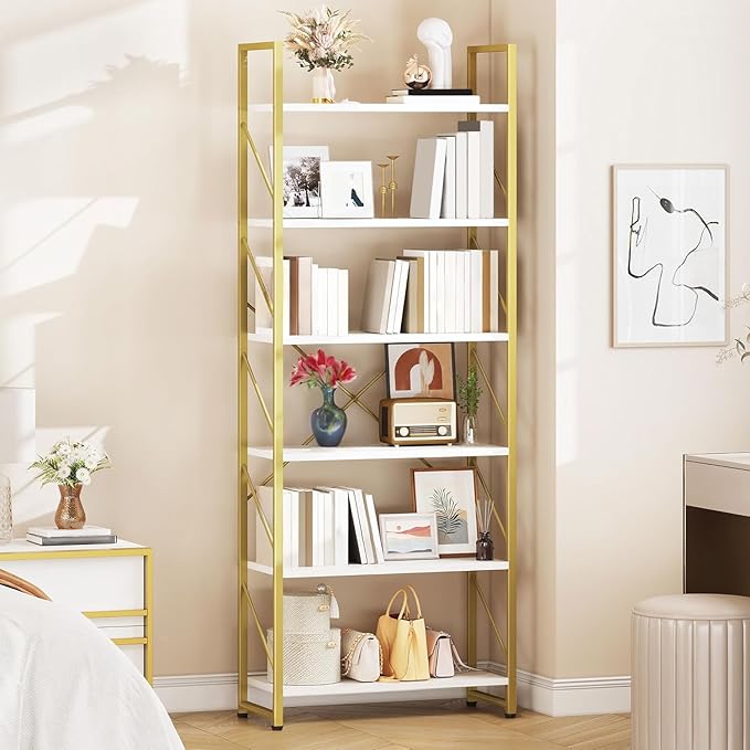 YITAHOME Tall Bookshelf 6 Tier Bookcase, Modern Gold Book Shelf, Open Display Storage Rack Shelves for Living Room/Bedroom/Home/Office/Kitchen, Holder Organizer for Books/Movies, White & Gold