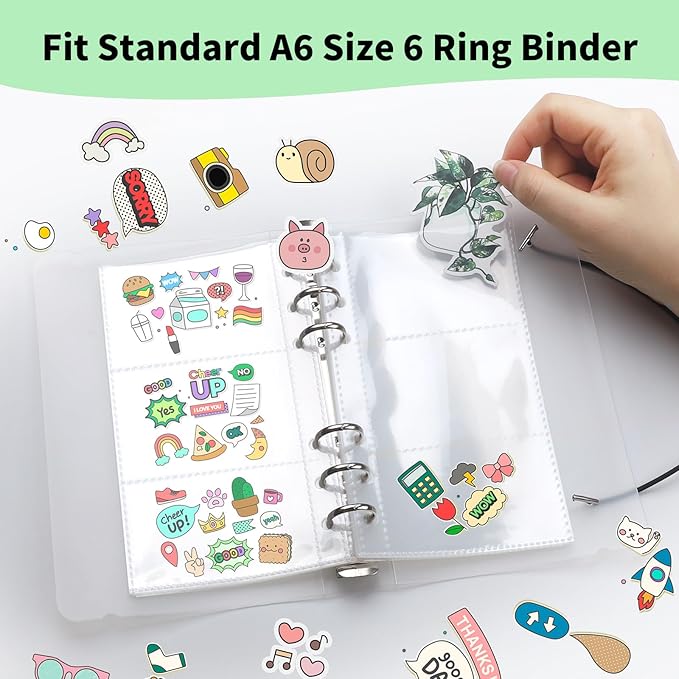 10 Sheets Multi-Compartment Clear Sticker Book Sleeves Pockets, Sticker Organizer Album Inserts for 6 Ring A6 Binder, for Organize Binder Stickers, Photos, Tickets, Cards, Cash, 3 Pocket