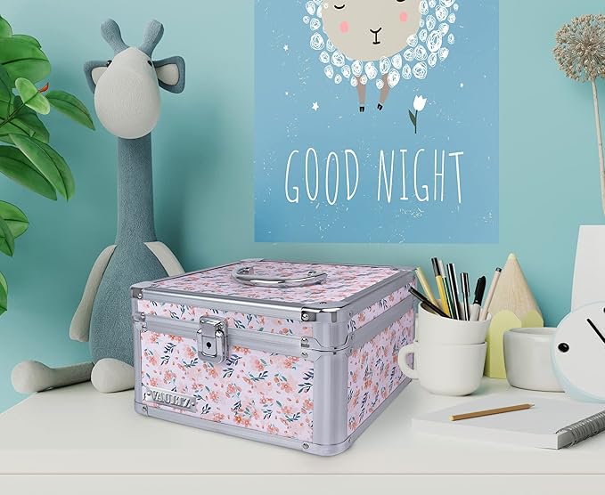 Vaultz Portable Safe Box - 10 x 10 x 6.5 Inch Large Storage Box with Lock, Mesh Pocket & Adjustable Compartments for Cash, Documents and Valuables - Floral