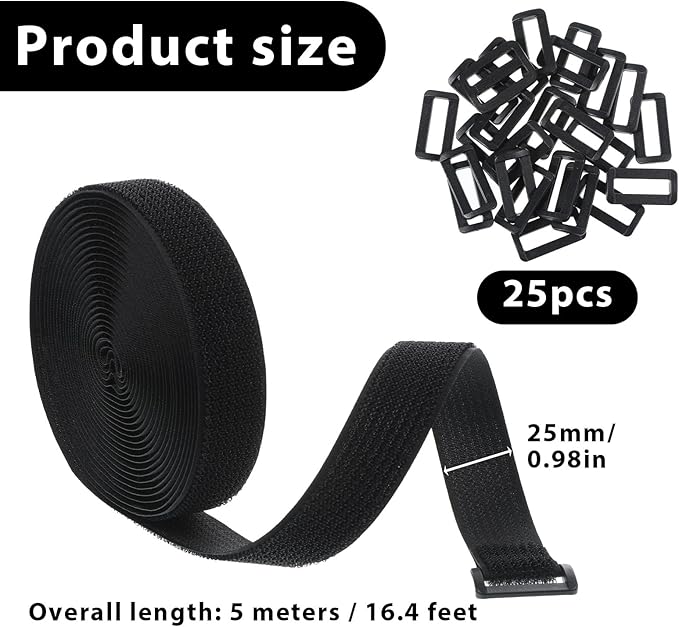 1" x 16ft Hook and Loop Straps with 25 Metal Buckles, Adjustable Fastening Cable Straps, Black Reusable Fastening Cable Ties, Adjustable Multi-Purpose Cable Straps for Organizer or Storage