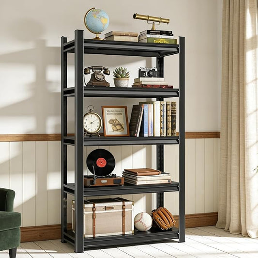5 Tier Tall Bookcase - Industrial Metal Bookshelf, Adjustable Wide Shelves for Heavy Duty Storage in Bedroom/Living Room/Library, Black Organizer