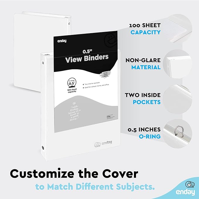 ½ Inch 3 Ring Binder .5 inch White Clear View Cover with 2 Inside Pockets, Colored School Supplies Office and Home Binders – by Enday