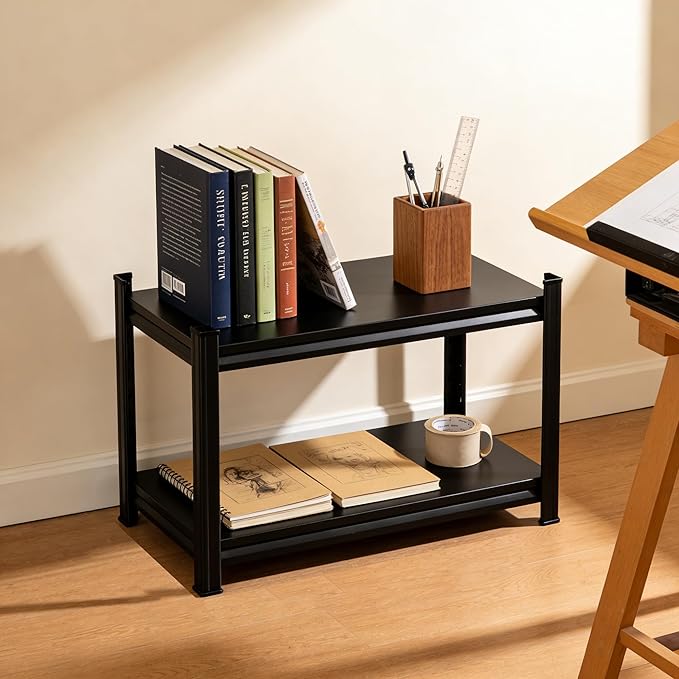 2 Tier Metal Shelf Unit - Compact Storage Solution for Small Spaces in Bedroom, Living Room, Kitchen, Balcony