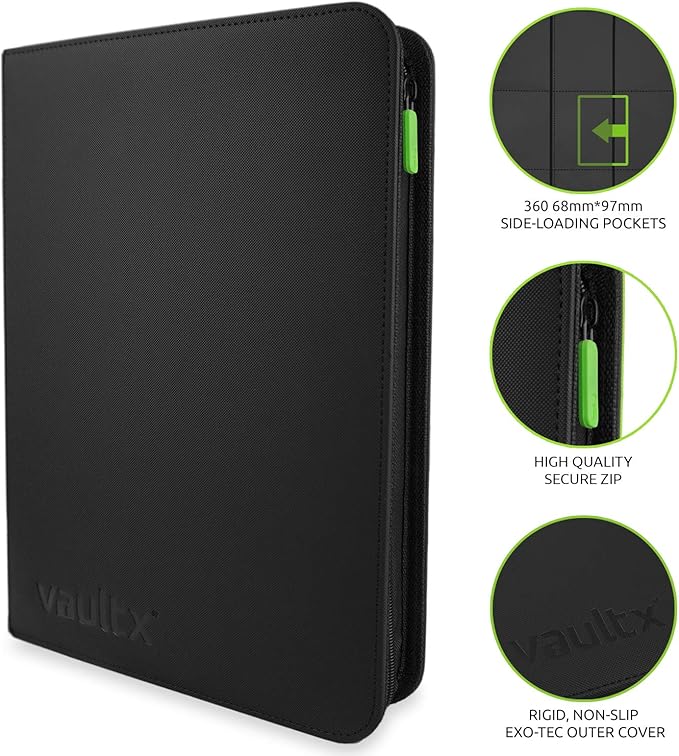 Vault X 9 Pocket Trading Card Zip Binder, 360 Cards, Premium Exo-Tec Album Material, 20 Side-Loading Pages, Folder for Collectible Games, Sports, TCG (Black)